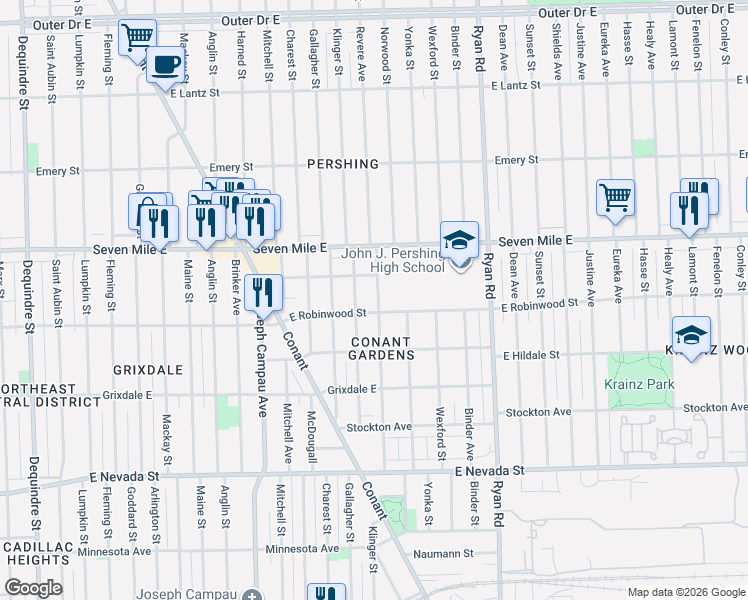 map of restaurants, bars, coffee shops, grocery stores, and more near 3520 East Brentwood Street in Detroit