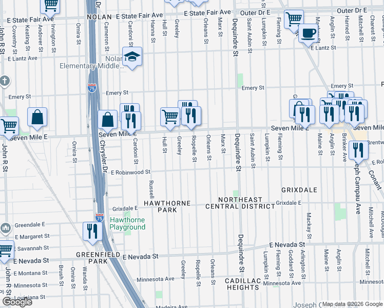 map of restaurants, bars, coffee shops, grocery stores, and more near 18911 Riopelle Street in Highland Park