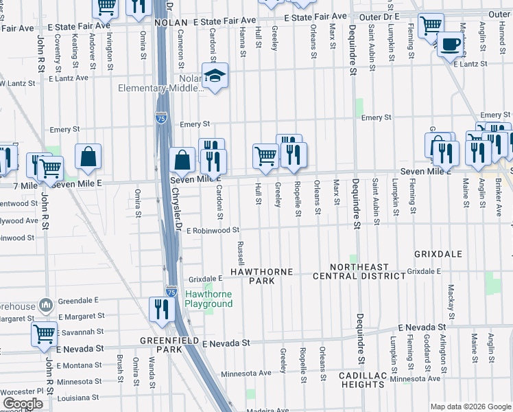 map of restaurants, bars, coffee shops, grocery stores, and more near 18924 Russell in Highland Park