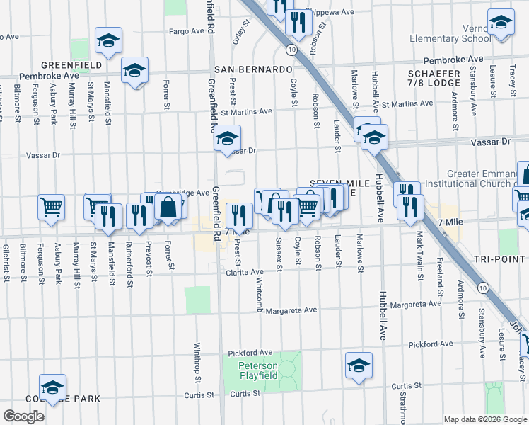 map of restaurants, bars, coffee shops, grocery stores, and more near 19203 Whitcomb in Detroit