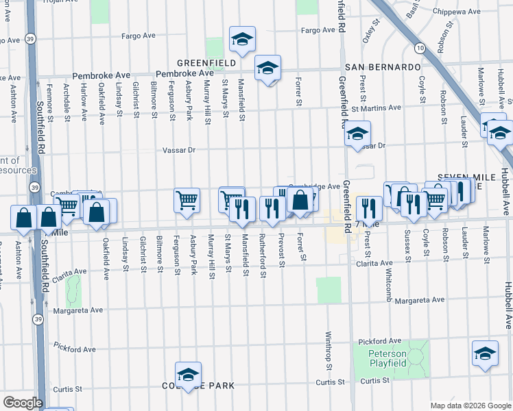 map of restaurants, bars, coffee shops, grocery stores, and more near 19206 Rutherford Street in Detroit