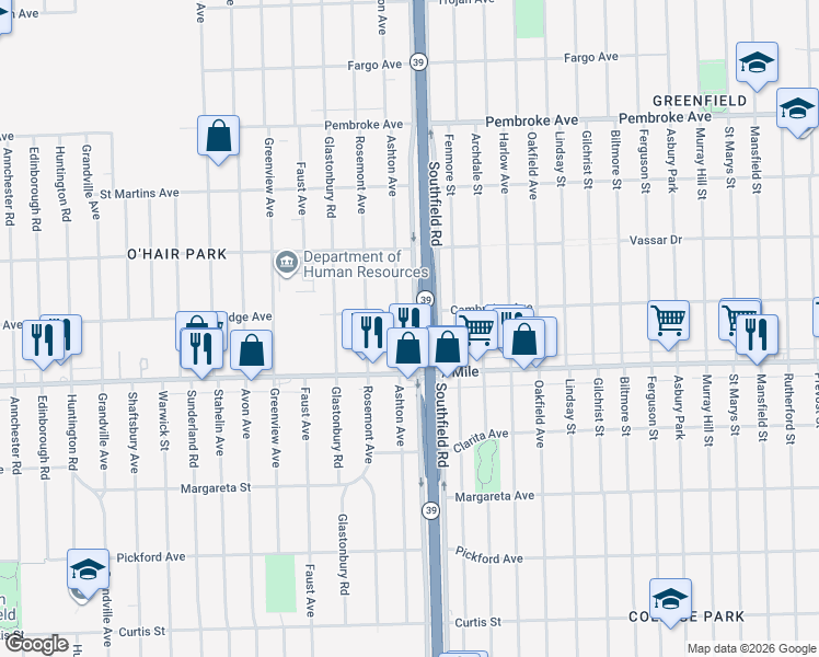 map of restaurants, bars, coffee shops, grocery stores, and more near 19308 Ashton Avenue in Detroit