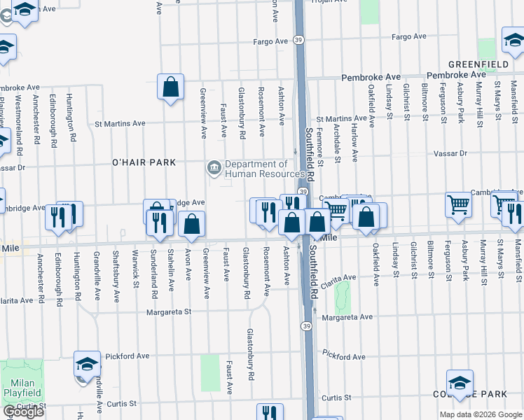 map of restaurants, bars, coffee shops, grocery stores, and more near 19306 Rosemont Avenue in Detroit