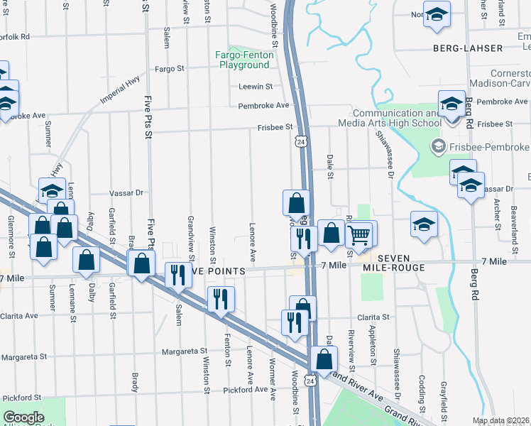 map of restaurants, bars, coffee shops, grocery stores, and more near 19341 Woodbine Street in Detroit