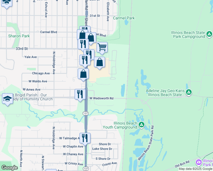 map of restaurants, bars, coffee shops, grocery stores, and more near 3354 Saint Annes Court in Zion