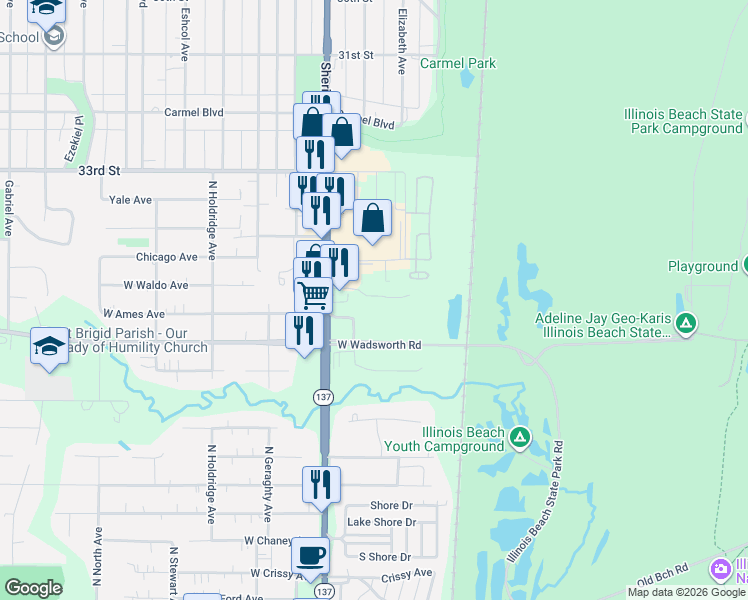 map of restaurants, bars, coffee shops, grocery stores, and more near 3441 Sheridan Road in Zion