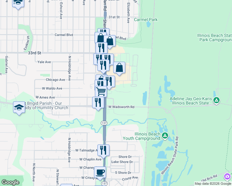 map of restaurants, bars, coffee shops, grocery stores, and more near 3441 Sheridan Road in Zion