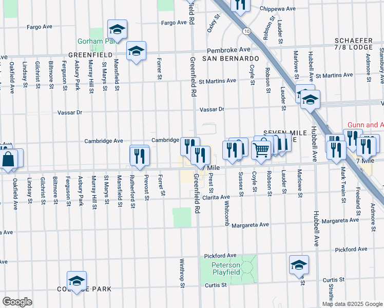 map of restaurants, bars, coffee shops, grocery stores, and more near 19216 Winthrop Street in Detroit