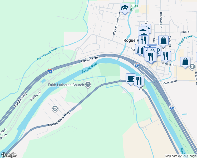 map of restaurants, bars, coffee shops, grocery stores, and more near 140 Landsiedel Lane in Grants Pass