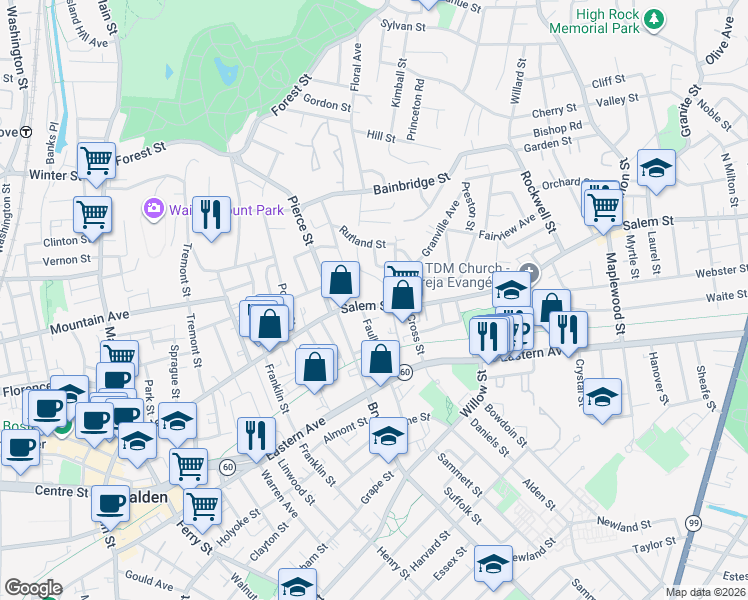 map of restaurants, bars, coffee shops, grocery stores, and more near 43 Bowers Avenue in Malden