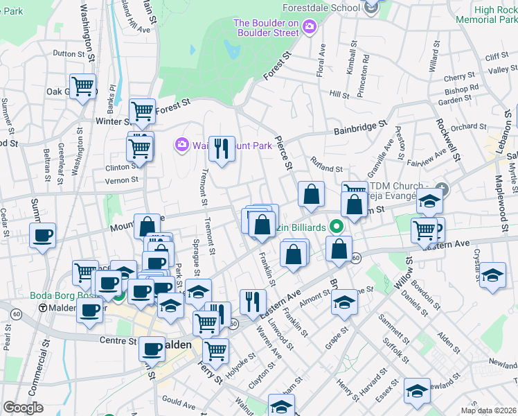 map of restaurants, bars, coffee shops, grocery stores, and more near 75 Wolcott Street in Malden