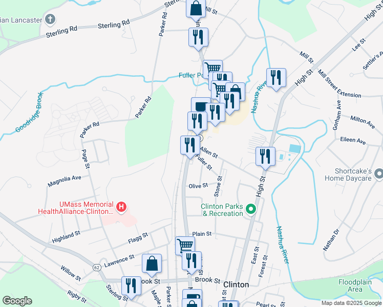 map of restaurants, bars, coffee shops, grocery stores, and more near 980 Main Street in Clinton