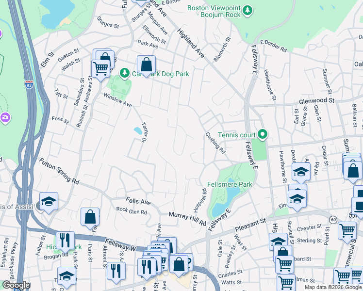 map of restaurants, bars, coffee shops, grocery stores, and more near 13 Doane Road in Medford