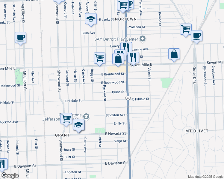 map of restaurants, bars, coffee shops, grocery stores, and more near 7538 East Robinwood Street in Detroit