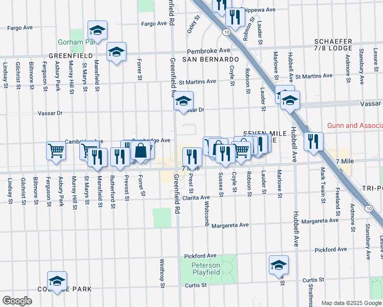 map of restaurants, bars, coffee shops, grocery stores, and more near 15400 West Seven Mile Road in Detroit
