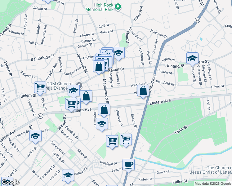 map of restaurants, bars, coffee shops, grocery stores, and more near 112 Webster Street in Malden