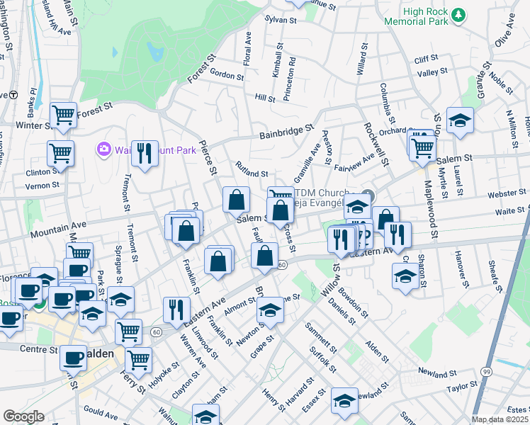 map of restaurants, bars, coffee shops, grocery stores, and more near 43 Bowers Avenue in Malden