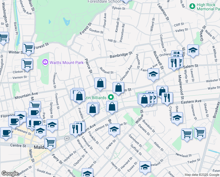 map of restaurants, bars, coffee shops, grocery stores, and more near 43 Bowers Avenue in Malden