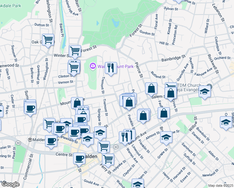 map of restaurants, bars, coffee shops, grocery stores, and more near 81 Mount Vernon Street in Malden