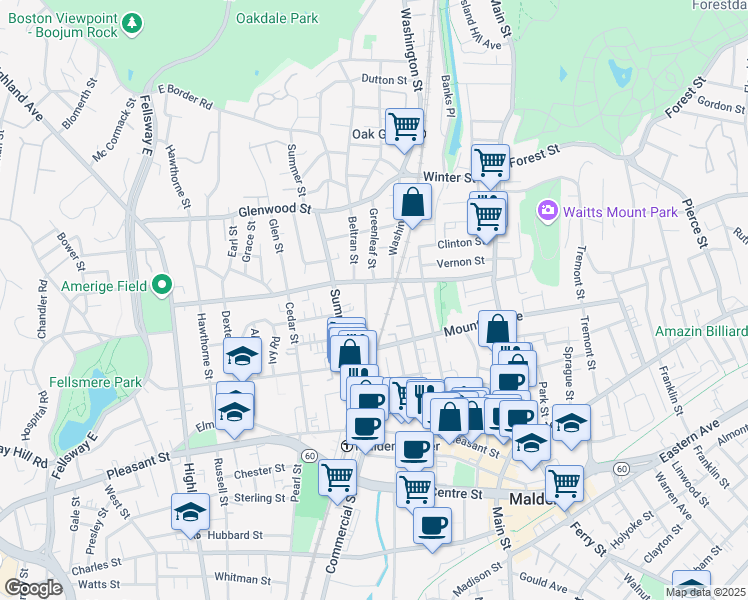 map of restaurants, bars, coffee shops, grocery stores, and more near 129 Clifton Street in Malden
