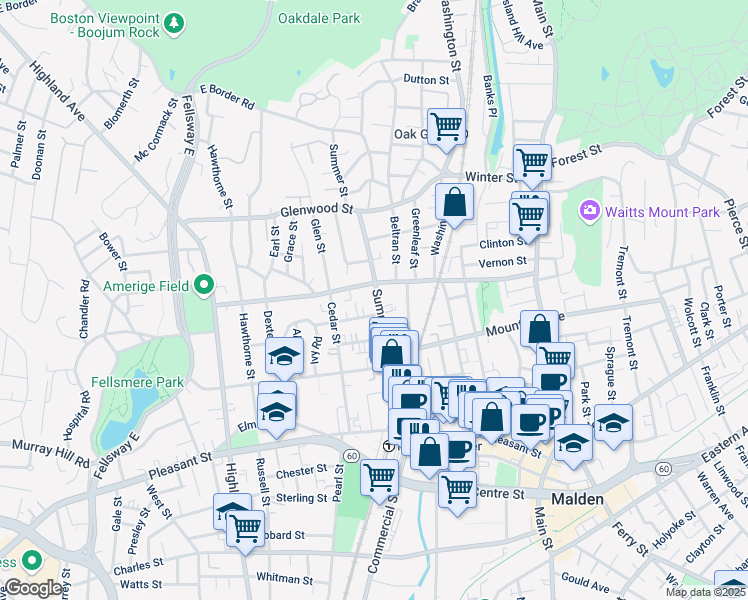 map of restaurants, bars, coffee shops, grocery stores, and more near 161 Clifton Street in Malden