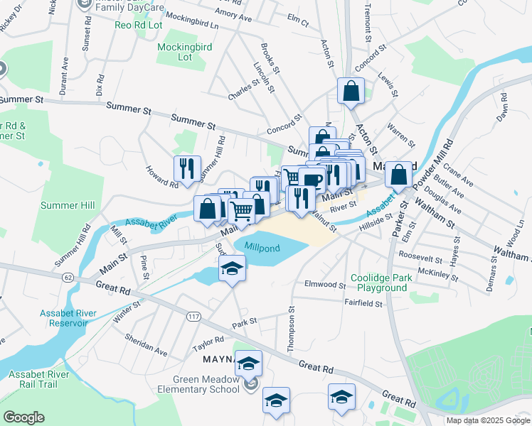 map of restaurants, bars, coffee shops, grocery stores, and more near 24 Railroad Street in Maynard
