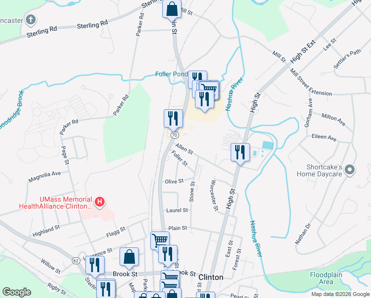 map of restaurants, bars, coffee shops, grocery stores, and more near 1031 Main Street in Clinton