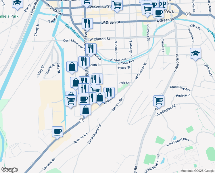 map of restaurants, bars, coffee shops, grocery stores, and more near 800 South Plain Street in Ithaca