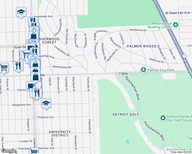 map of restaurants, bars, coffee shops, grocery stores, and more near 2800 West Seven Mile Road in Detroit