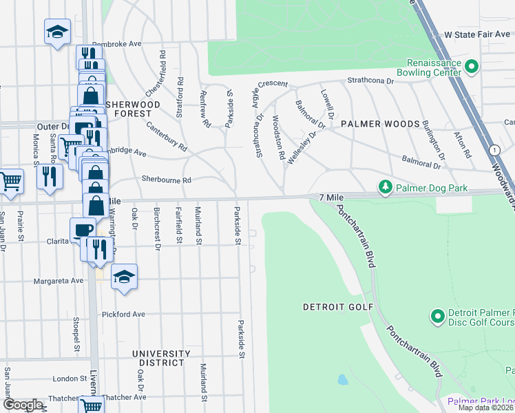 map of restaurants, bars, coffee shops, grocery stores, and more near 2800 West Seven Mile Road in Detroit