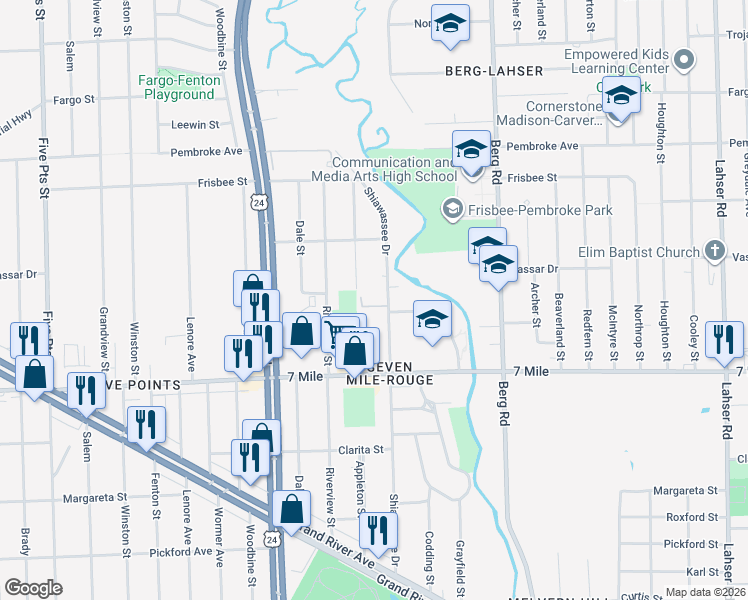 map of restaurants, bars, coffee shops, grocery stores, and more near 19300 Appleton Street in Detroit