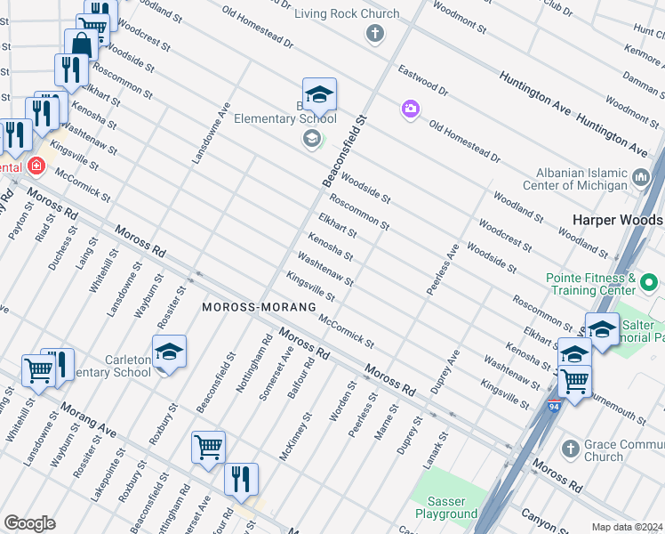 map of restaurants, bars, coffee shops, grocery stores, and more near 19709 Washtenaw Street in Harper Woods