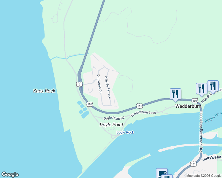 map of restaurants, bars, coffee shops, grocery stores, and more near 30339 Hillside Terrace in Gold Beach