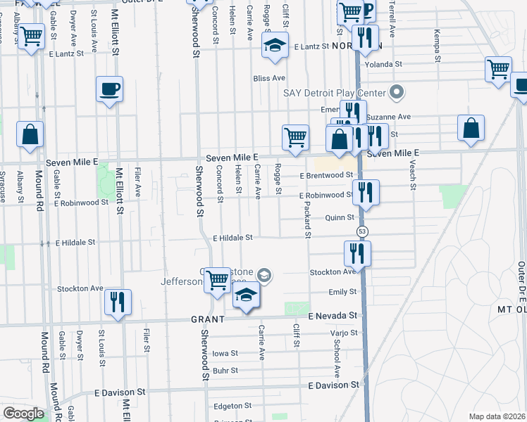 map of restaurants, bars, coffee shops, grocery stores, and more near 18680 Carrie Street in Detroit