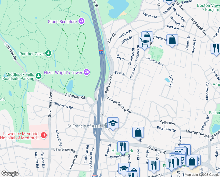 map of restaurants, bars, coffee shops, grocery stores, and more near 639 Fellsway West in Medford