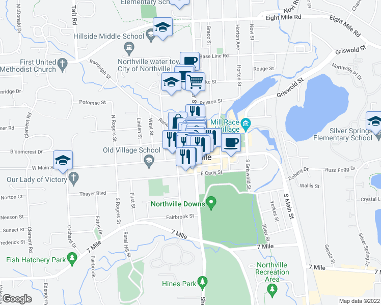 map of restaurants, bars, coffee shops, grocery stores, and more near 111 North Center Street in Northville