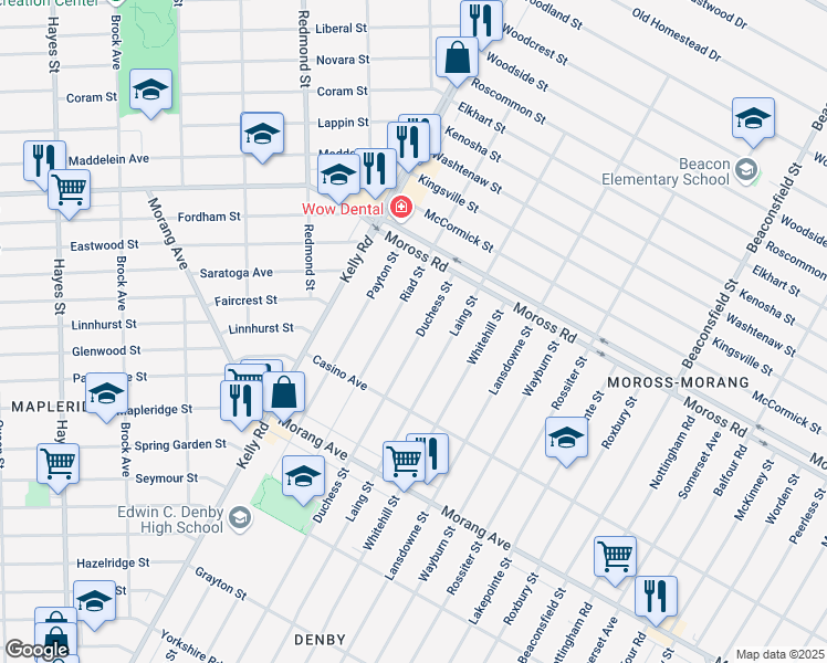 map of restaurants, bars, coffee shops, grocery stores, and more near 12645 Duchess Street in Detroit