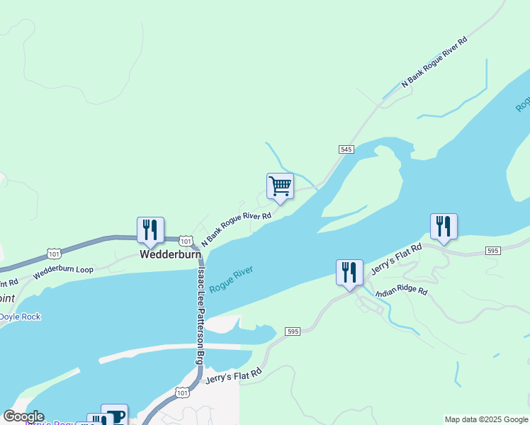 map of restaurants, bars, coffee shops, grocery stores, and more near 94542 Hume Road in Gold Beach