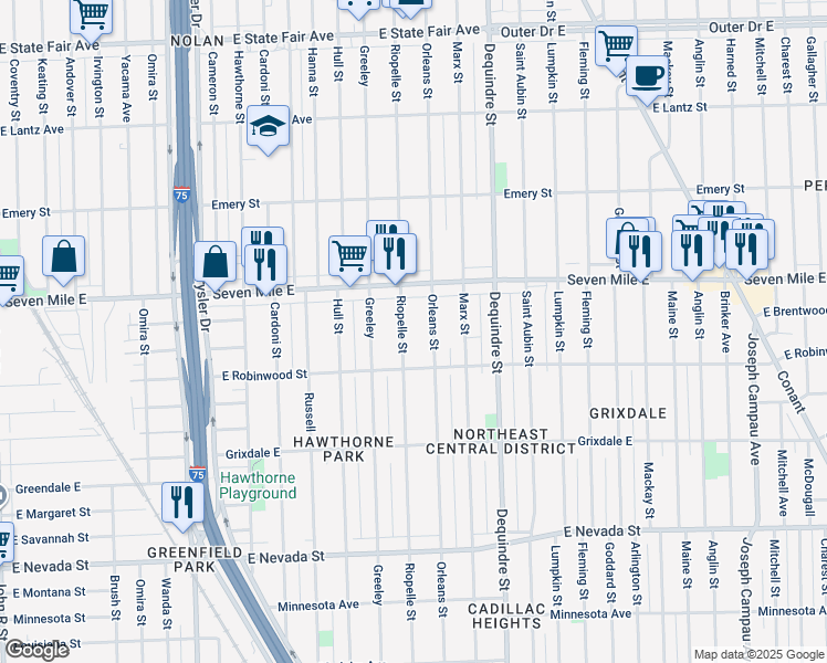 map of restaurants, bars, coffee shops, grocery stores, and more near 18874 Riopelle Street in Highland Park