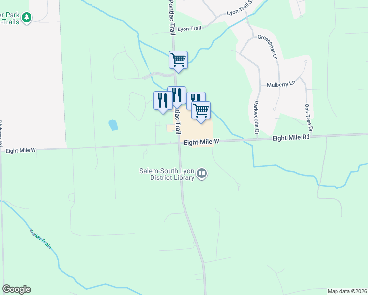 map of restaurants, bars, coffee shops, grocery stores, and more near 20728-20730 Pontiac Trail in South Lyon