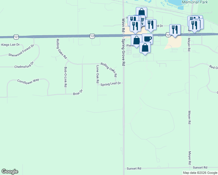 map of restaurants, bars, coffee shops, grocery stores, and more near 2702 Spring Leaf Drive in Spring Grove