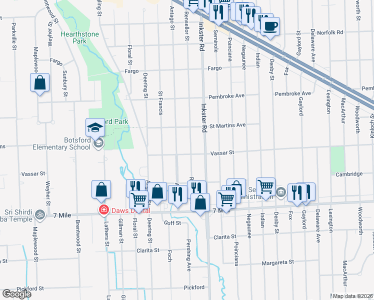 map of restaurants, bars, coffee shops, grocery stores, and more near 19450 Rensellor Street in Livonia