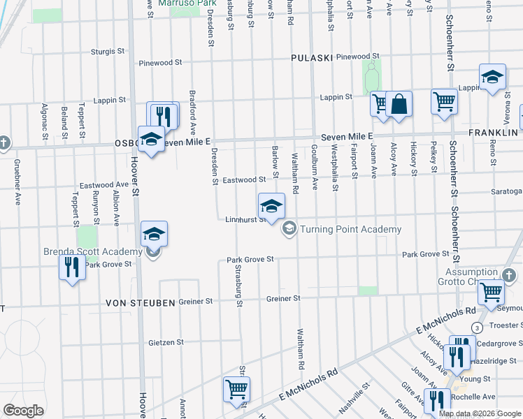 map of restaurants, bars, coffee shops, grocery stores, and more near 18666 Hamburg Street in Detroit