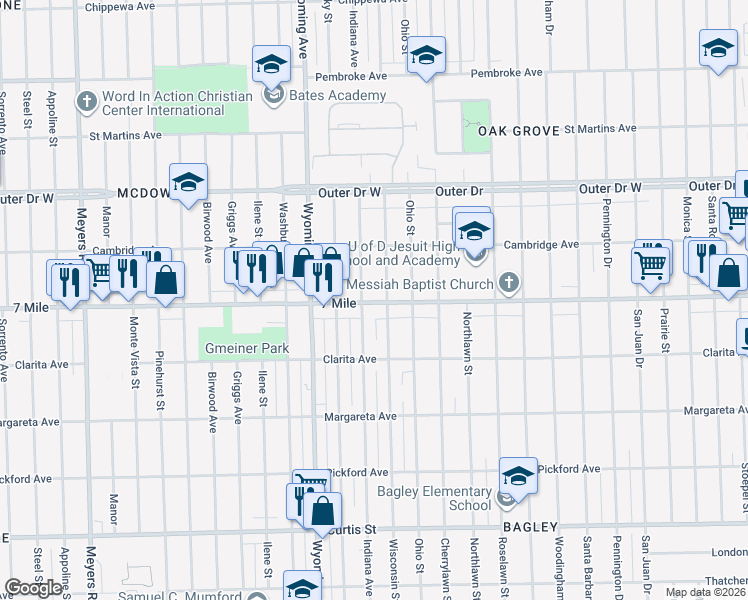 map of restaurants, bars, coffee shops, grocery stores, and more near 19136 Indiana Street in Detroit