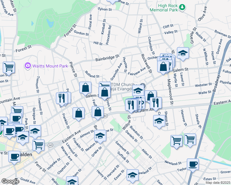 map of restaurants, bars, coffee shops, grocery stores, and more near 25 Seaview Avenue in Malden