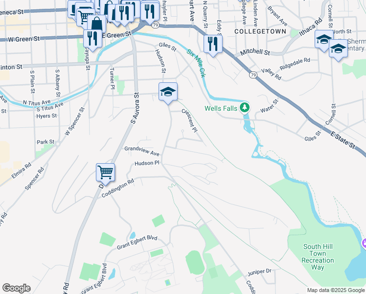 map of restaurants, bars, coffee shops, grocery stores, and more near 130 Pearsall Place in Ithaca