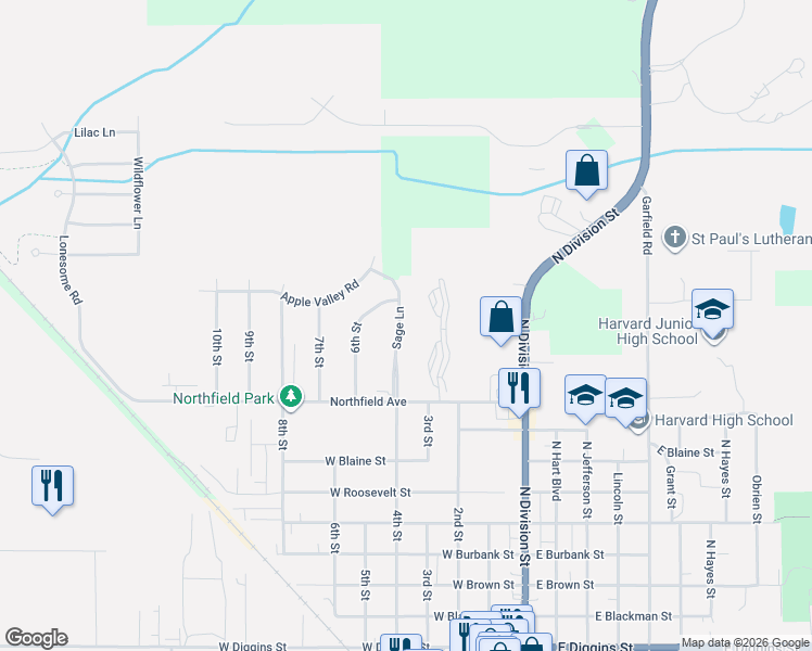 map of restaurants, bars, coffee shops, grocery stores, and more near 1417 Sage Lane in Harvard