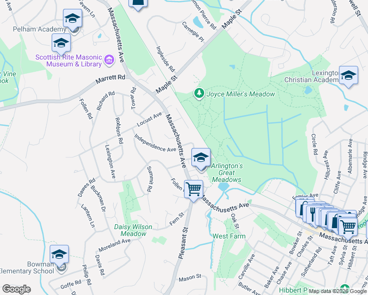 map of restaurants, bars, coffee shops, grocery stores, and more near 861 Massachusetts Avenue in Lexington