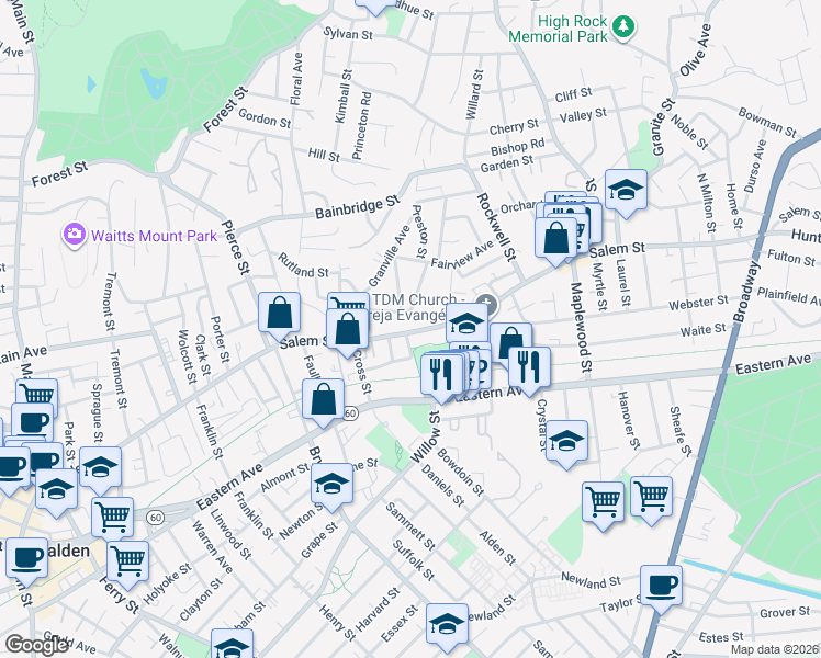 map of restaurants, bars, coffee shops, grocery stores, and more near 47 Seaview Avenue in Malden