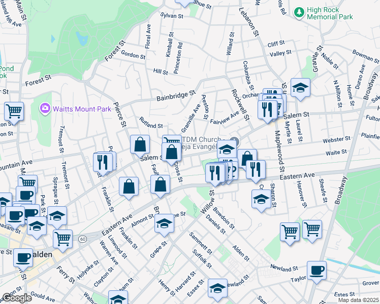 map of restaurants, bars, coffee shops, grocery stores, and more near 25 Seaview Avenue in Malden